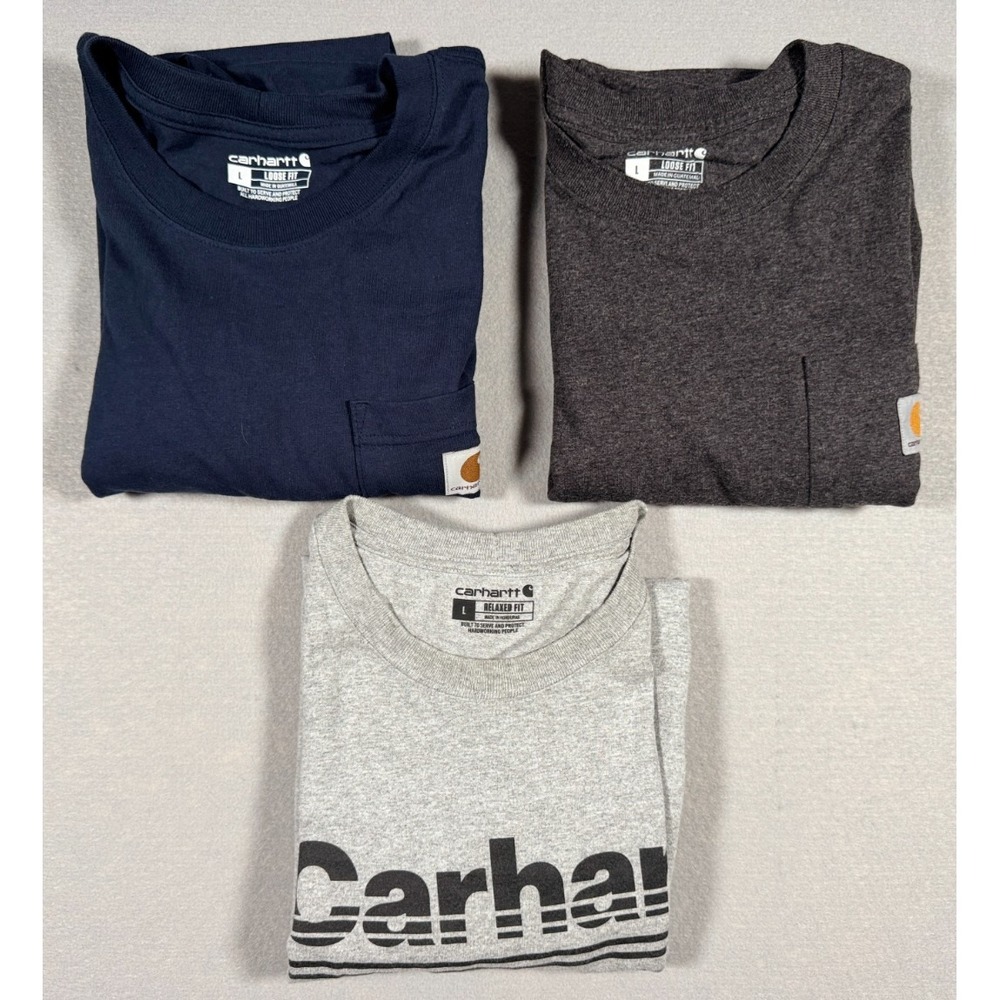 (3) Carhartt L Relaxed / Loose Fit T-Shirts - Gray Graphic Print, Gray, & Blue